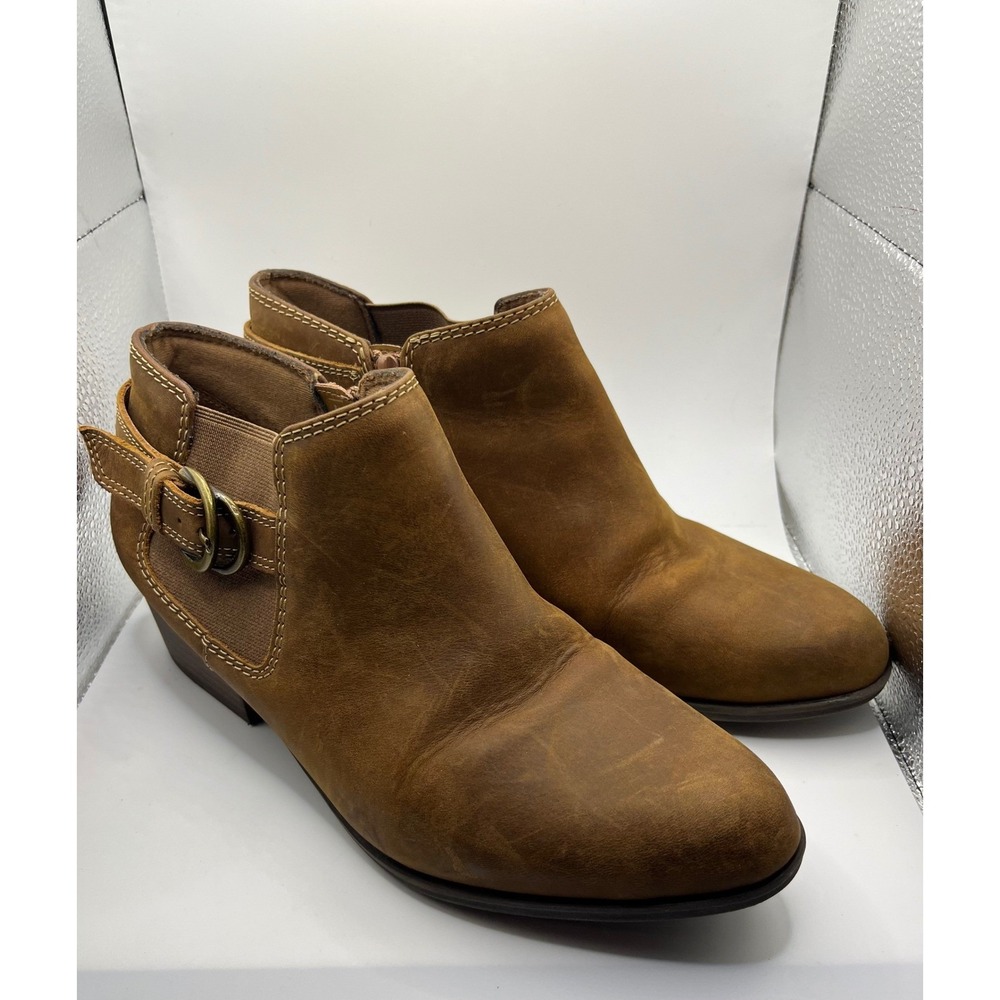 Clarks Collection Brown Leather Side Zip Ankle Booties Buckle Detail Women 10M